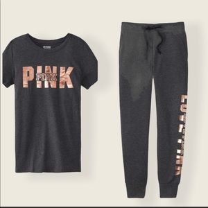 Victoria Secret PINK JOGGER And Tee Dark Grey With Rose Gold Logo. M
